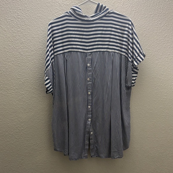 Jane and Delancey Navy and White Striped Button Down Shirt - Picture 2 of 2